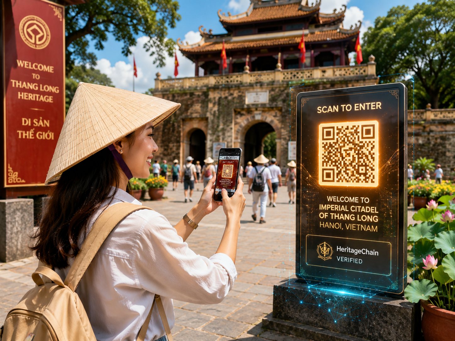 Du khách đội nón lá quét mã QR để vào cổng di tích Hoàng thành Thăng Long