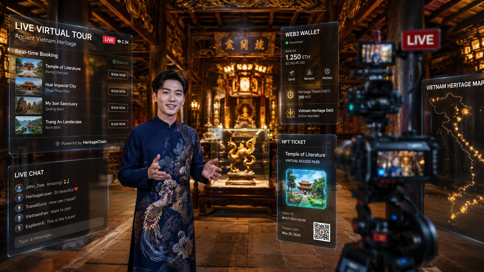 Host mặc áo dài dẫn livestream trong không gian di tích, bên cạnh là bảng đặt chỗ, ví số và vé NFT