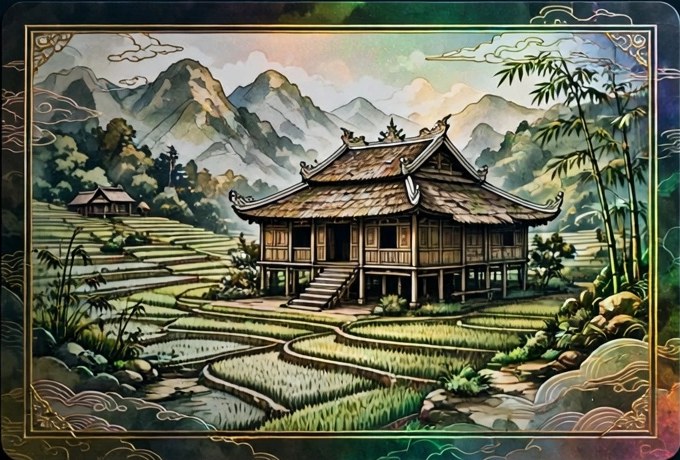 Thẻ minh hoạ nhà sàn giữa ruộng bậc thang